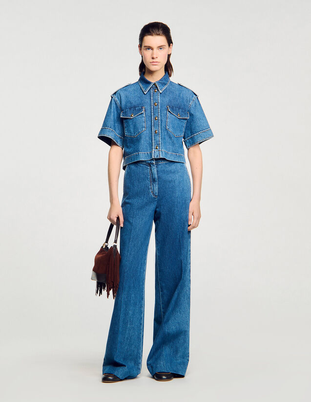 Cropped Denim Shirt - SFPCM01442 | sandro-paris.com Cropped Denim Shirt : Shirts color Blue Jean