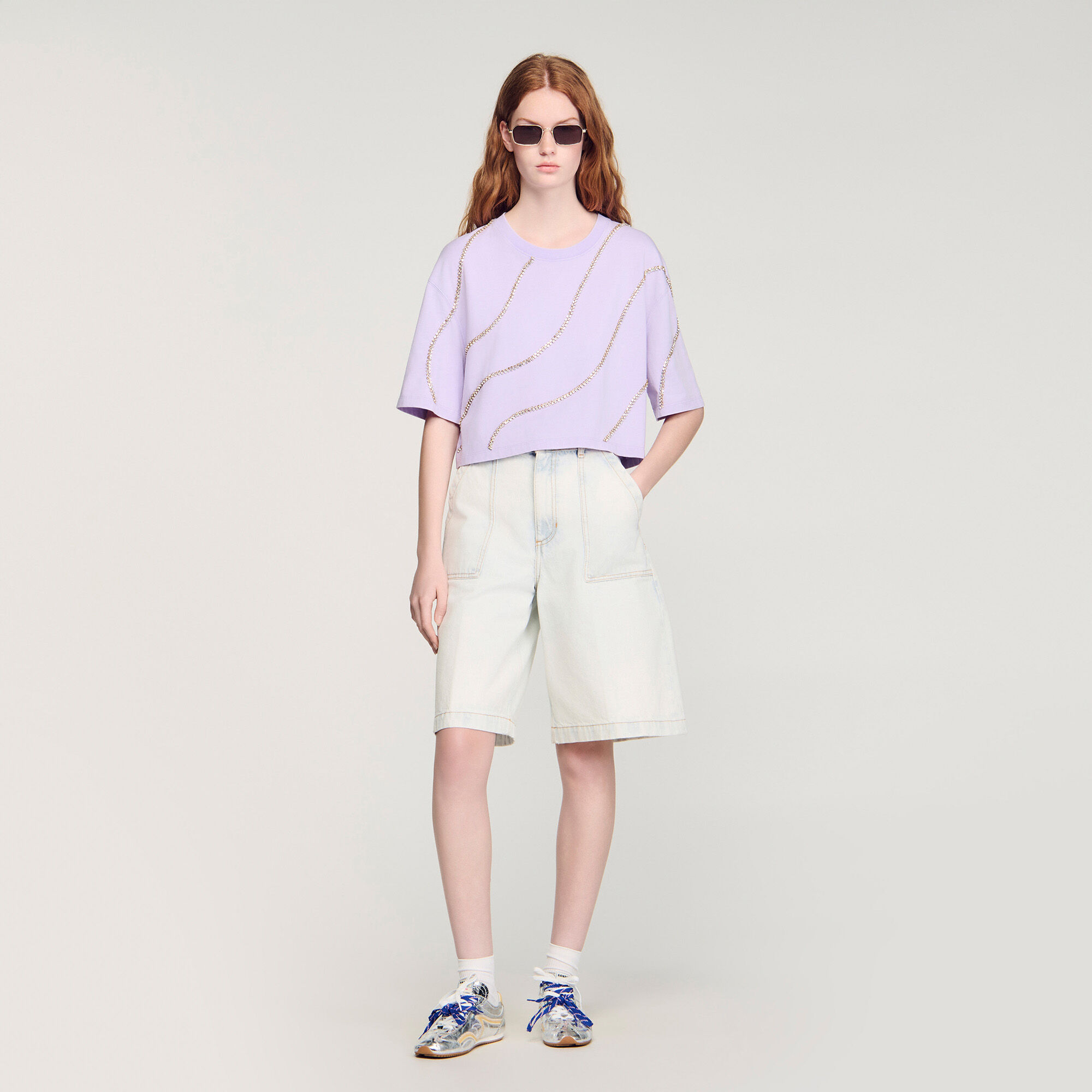 Rhinestone Cropped T-Shirt : T-shirts color Mauve