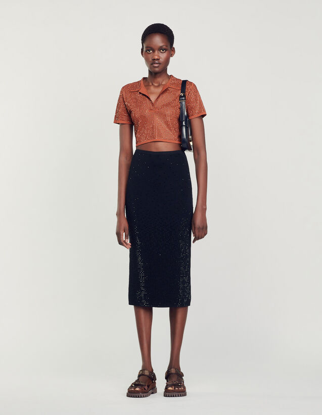 Rhinestone-Embellished Midi Skirt : Skirts & Shorts color Black