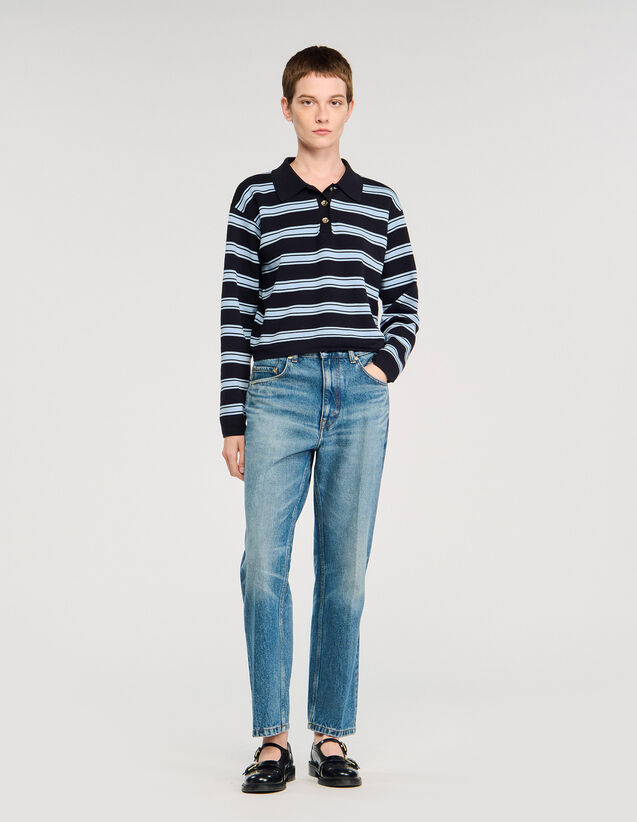 Striped Polo Jumper - SFPPU02633 | sandro-paris.com Striped Polo Jumper : Sweaters & Cardigans color Navy Blue