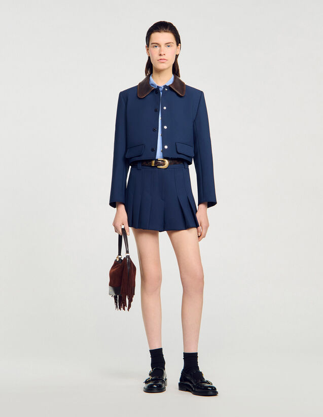 Cropped Jacket With Leather Collar - SFPVE01192 | sandro-paris.com Cropped Jacket With Leather Collar : Blazers & Jackets color Navy Blue