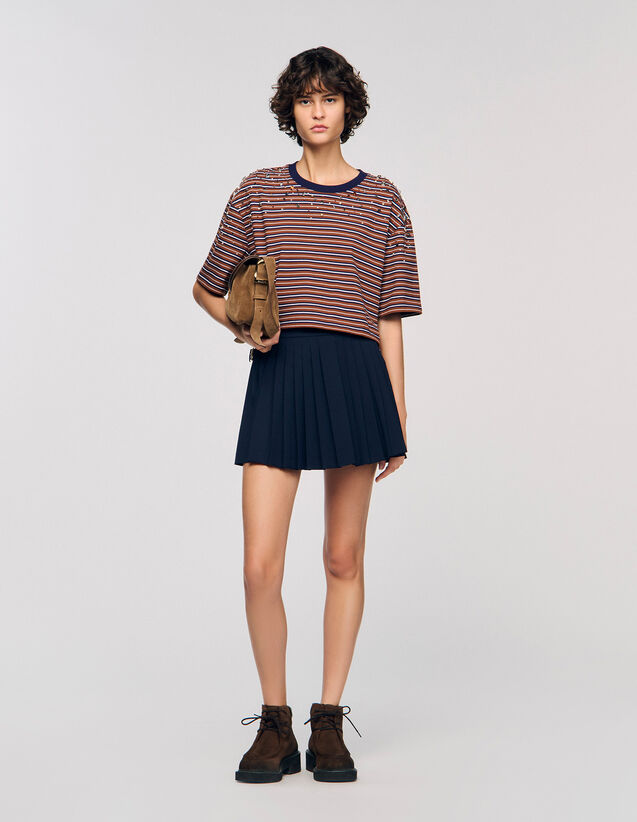 Striped Rhinestone T-Shirt - SFPTS01698 | sandro-paris.com Striped Rhinestone T-Shirt : T-shirts color Brown / Deep blu