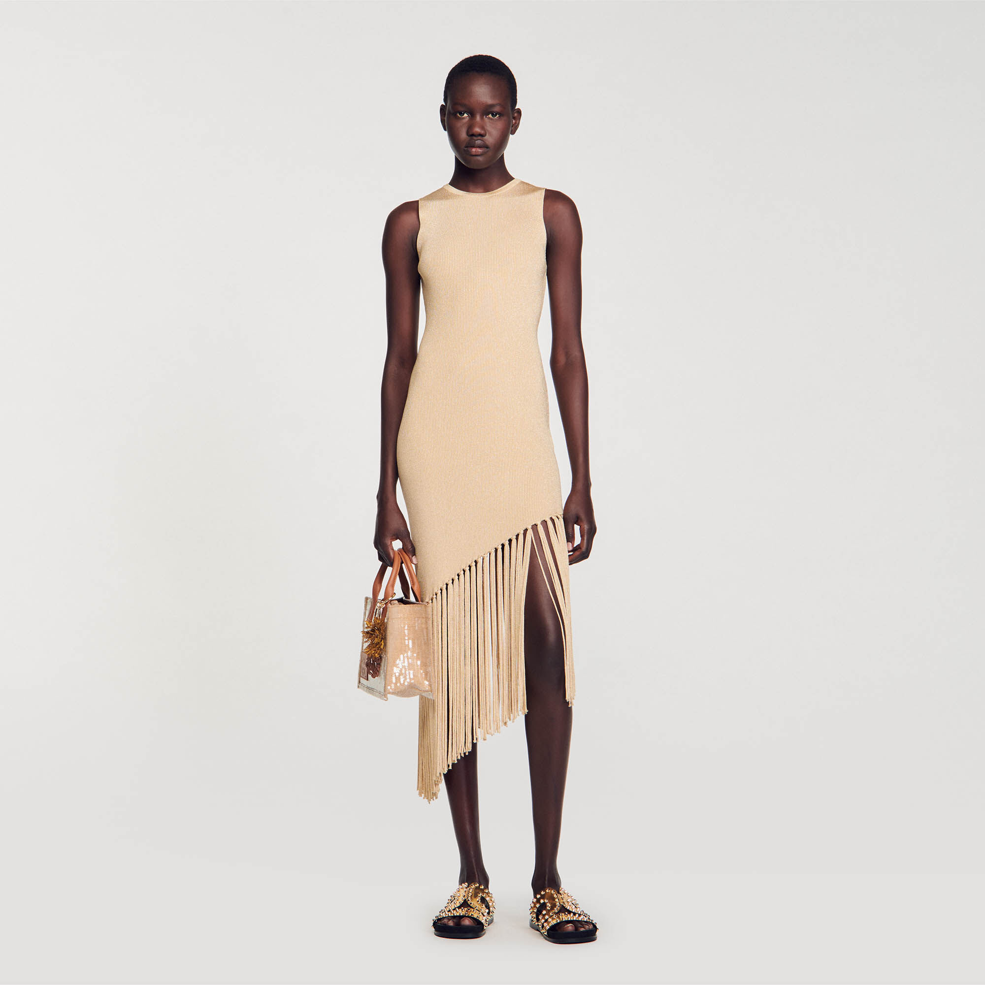 Asymmetrical Fringed Maxi Dress : Dresses&nbsp; color Gold
