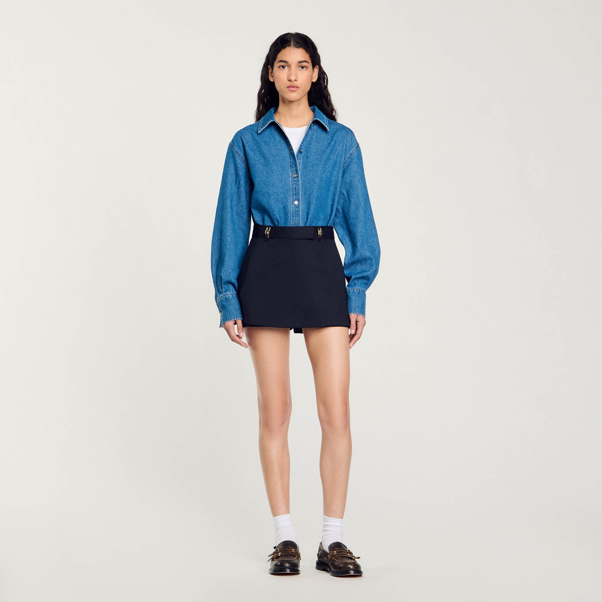 【海外限定】Sandroスカート☆Drawstring-Waist Side-Pocket Lin side drawstring pleated workwear skirt サイド絞り巾着立体