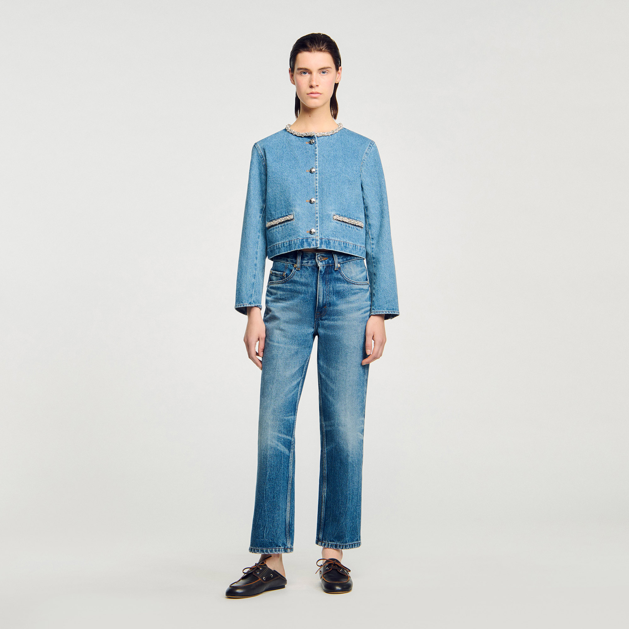 【SANDRO】ツイル パーカー Two-tone wool and cashmere sweater blue For Women | Sandro Paris