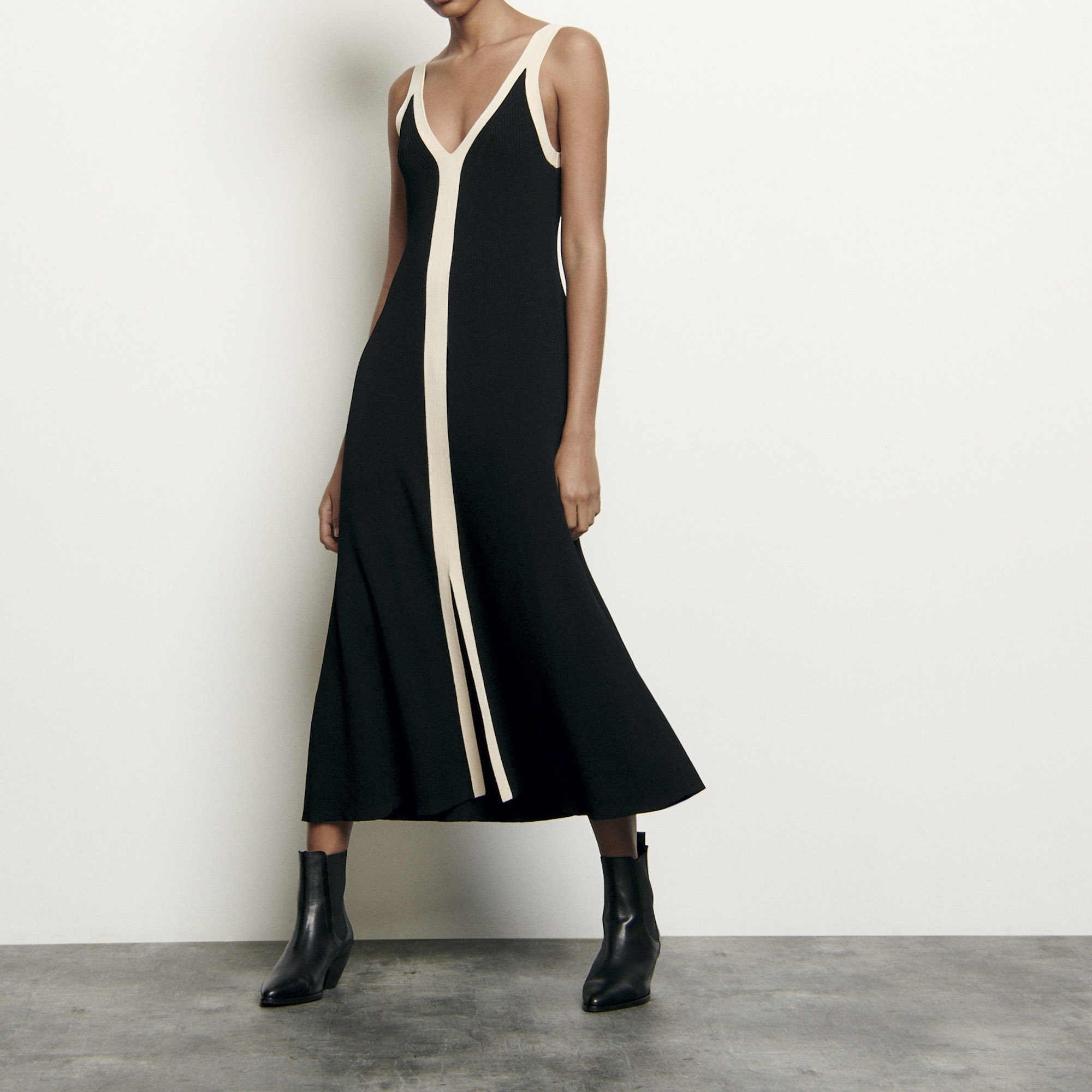 Long TwoTone Ribbed Knit Dress Dresses