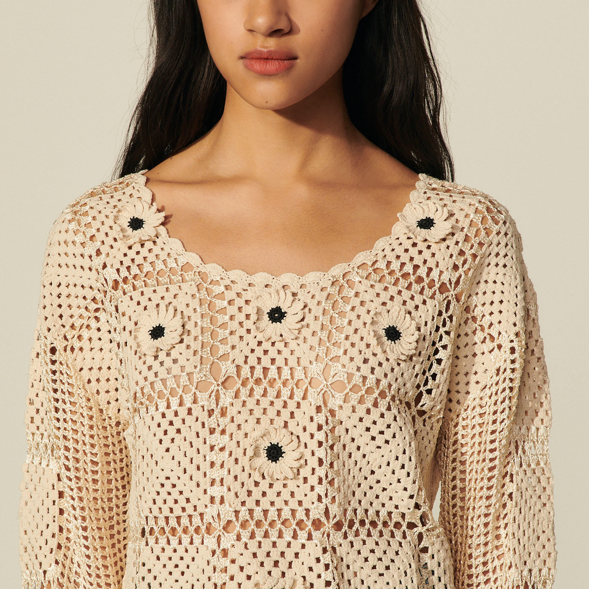 SANDRO Rio Floral Applique Crochet Sweater (1/S