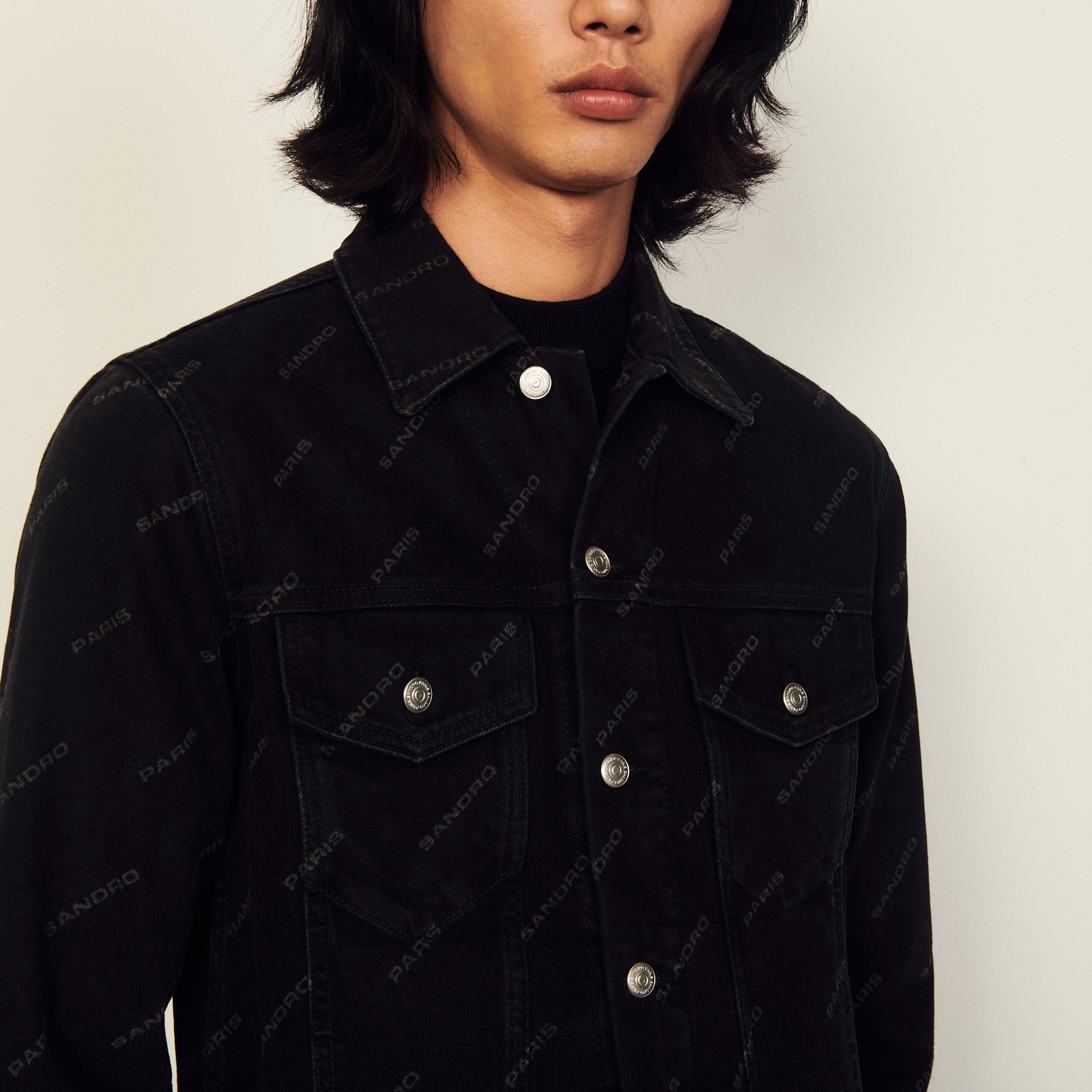 printed black denim jacket