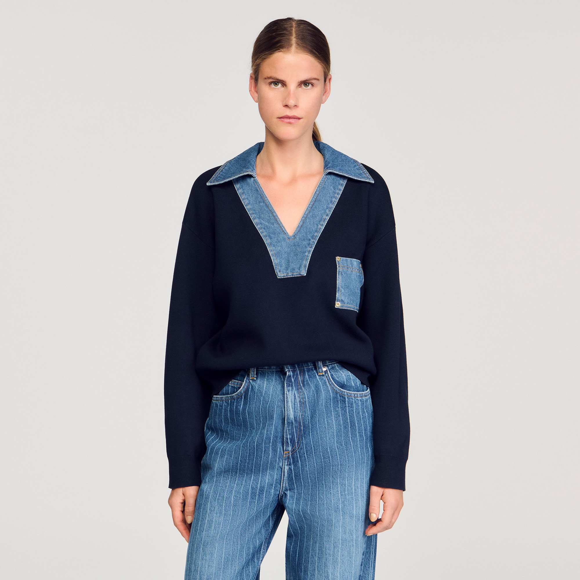 Jumper With Denim Details - Sweaters & Cardigans - Sandro
