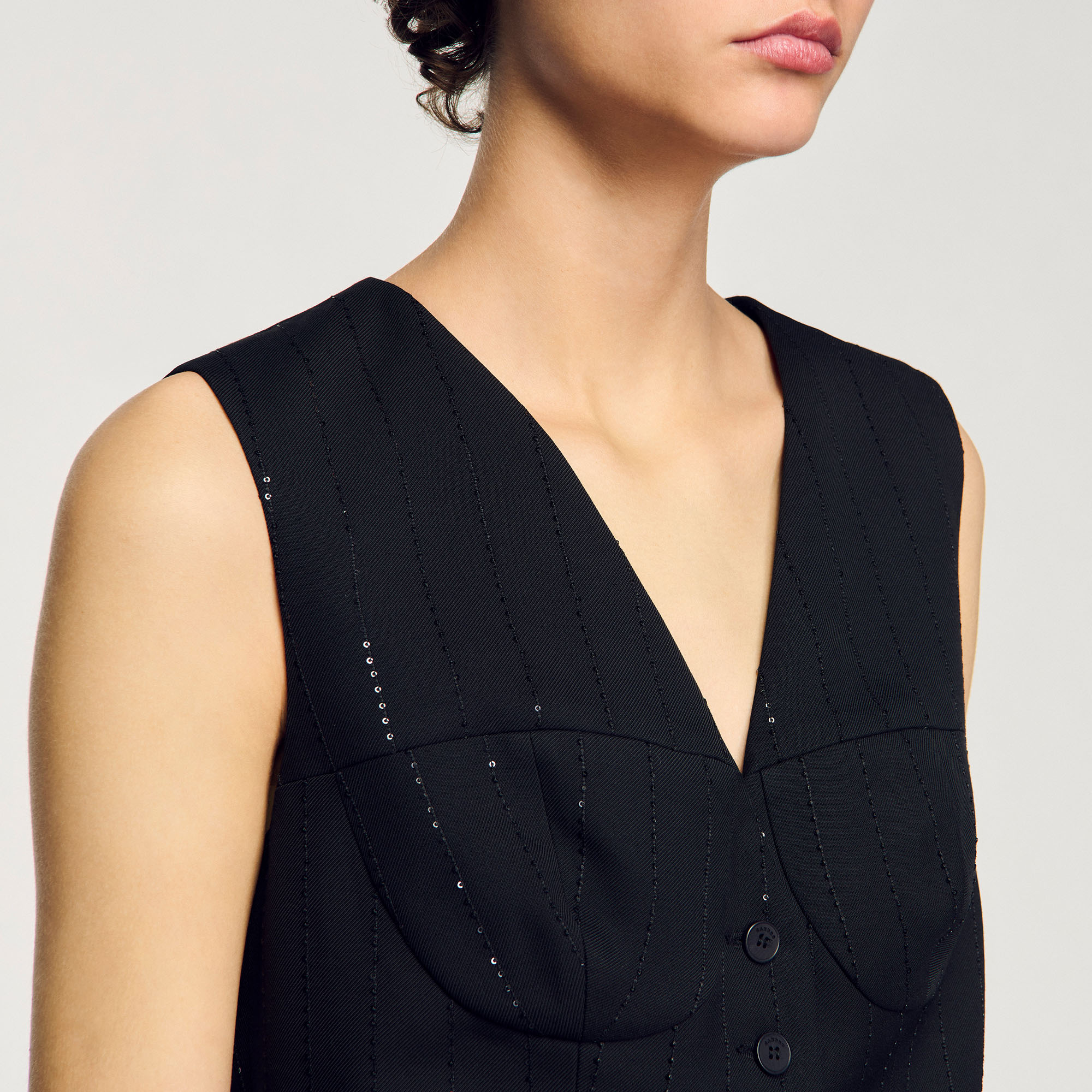 【海外限定】Sandroツイードジャケット☆V-Neck Sleeveless Twee Sleeveless tweed jacket white / beige For Women | Sandro Paris