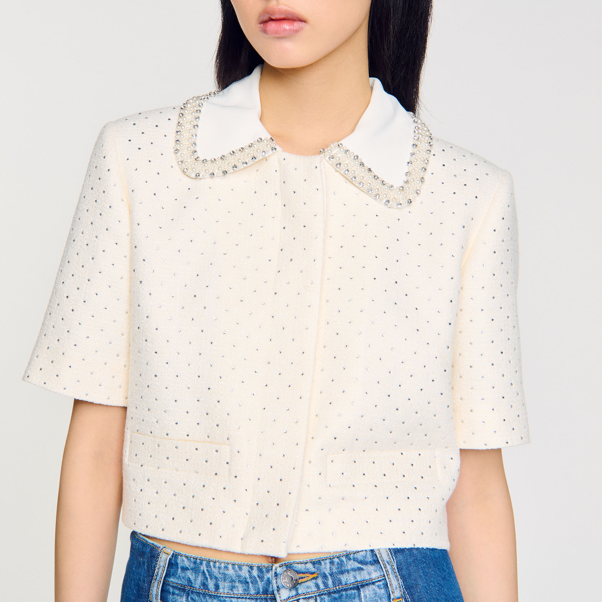 【海外限定】Sandroウール混ジャケット☆Faux pearl-embellished Sandro Faux Pearl-Embellished Jacket in Black | Lyst