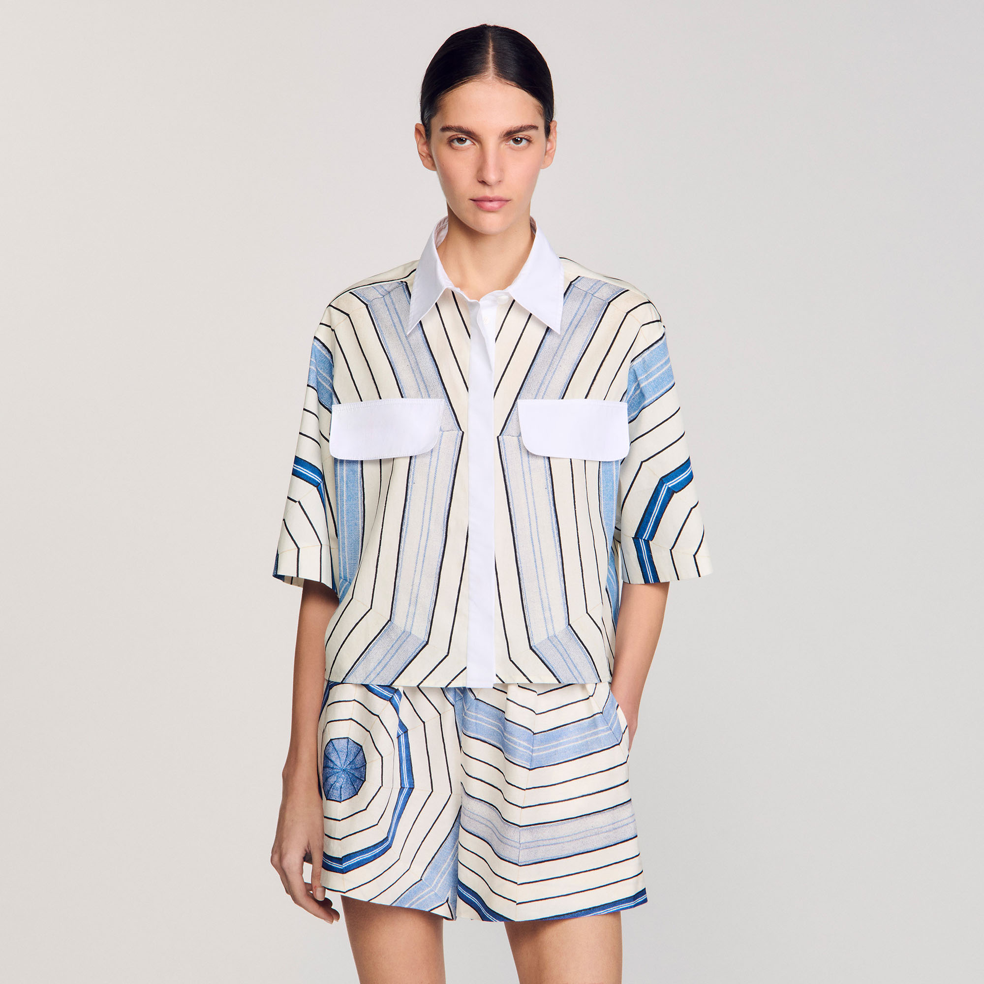 【海外限定】SandroTシャツ☆Spiral-Print Side-Tie Cotton T-Sh Spiral print T-shirt blue For Women | Sandro Paris