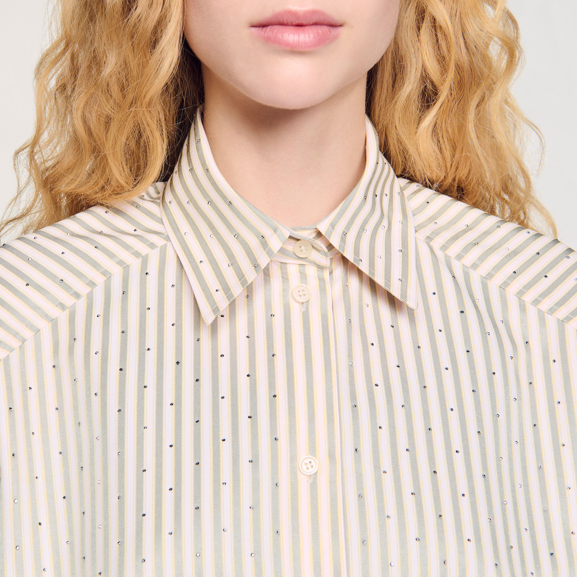 【海外限定】Sandroスカート☆Striped Rhinestone-Embellished C Striped rhinestone shirt pink For Women | Sandro Paris