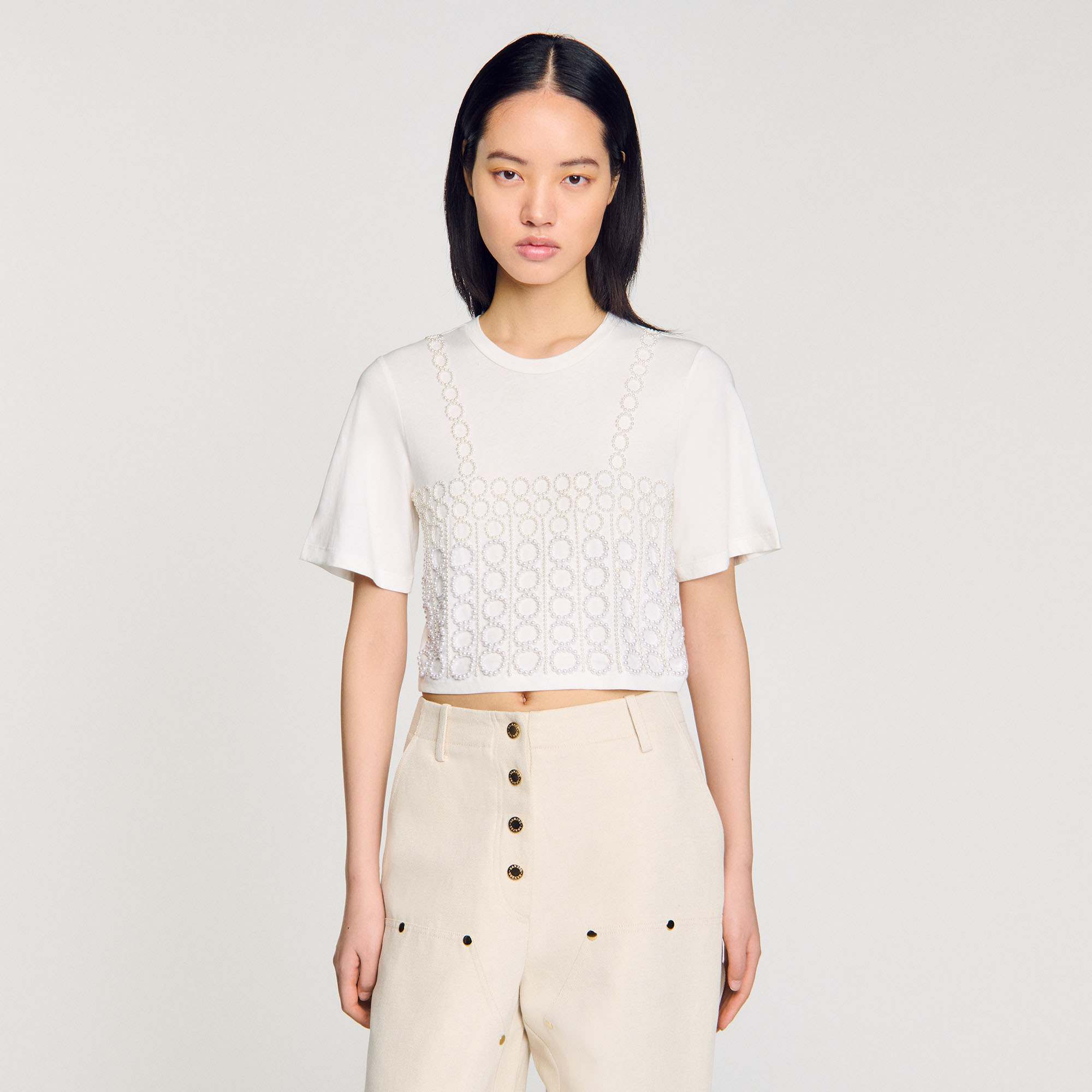 Beaded Cropped T-Shirt - T-shirts - Sandro-paris.com