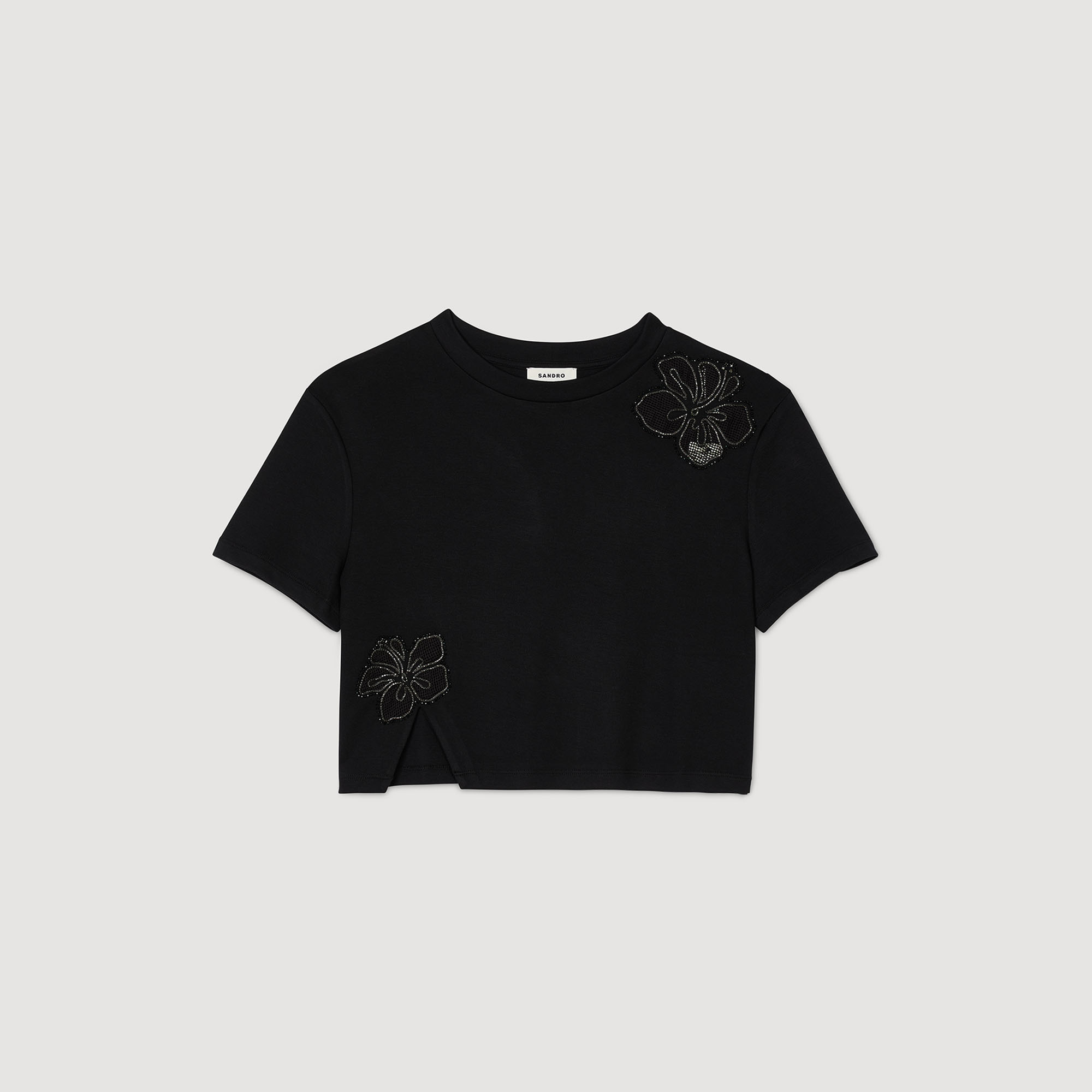 【SANDRO】 Floral Embroidery Tee Floral embroidery T-shirt black / gray For Women | Sandro Paris